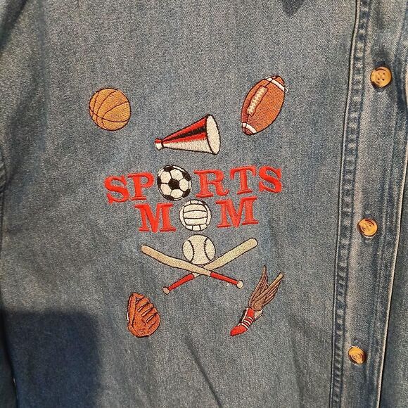 Sports Mom Denim Embroidered Button Up Shirt Size 3XL Momcore Grandmacore - Picture 3 of 7